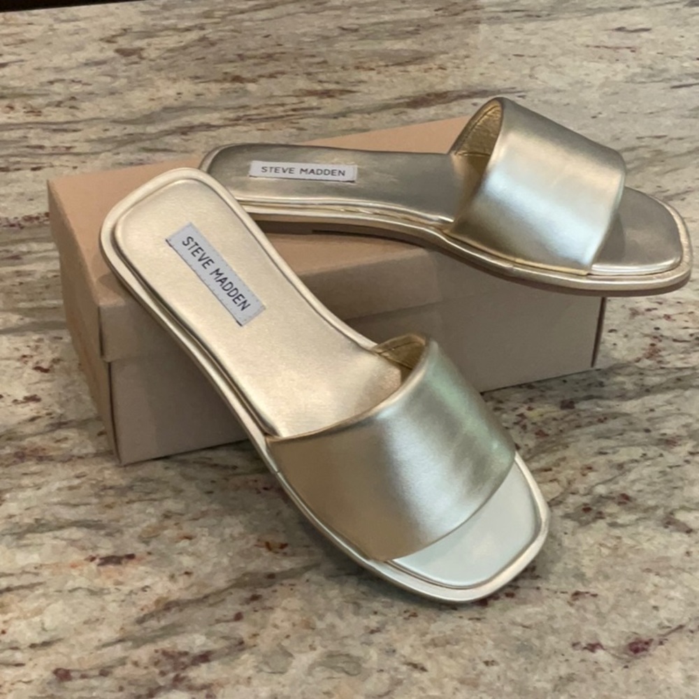 Steve Madden Gold Leather Clyde Slide Sandals